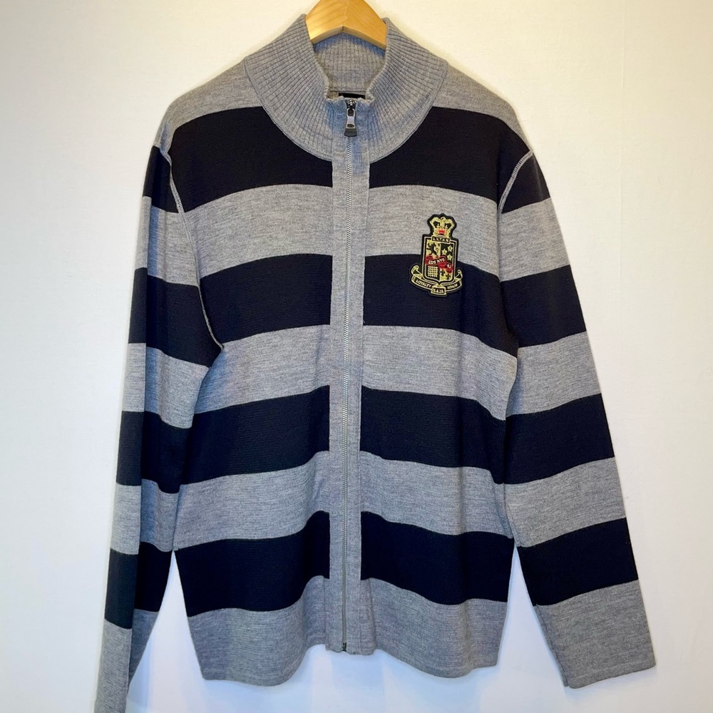 Express Design Studio XL 100% Merino Wool Zip Sweater Rugby Varsity Blac…